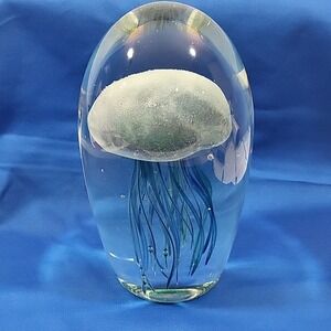 Rare Dynasty Gallery Paperweight Blown Glass Blue Jellyfish Glow in the Dark